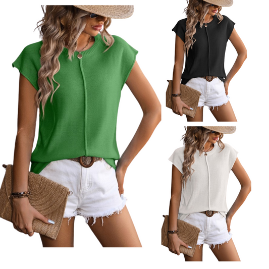The Knitted Crew Neck Top by Aiwee Fashion offers a timeless and versatile style with its crew neck and short sleeve design. Available in both green, white, and black, this must-have piece is perfect for any occasion. Add this top to your wardrobe for a touch of effortless sophistication.