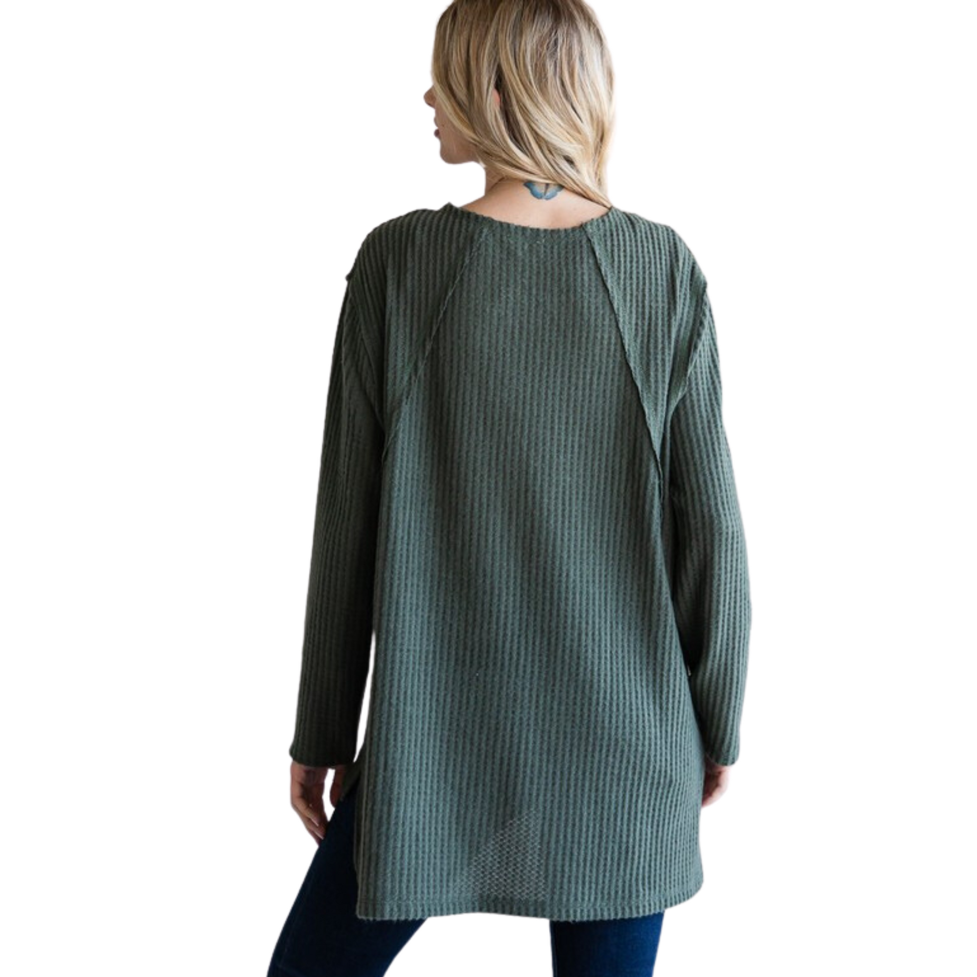 This plus size long sleeve top is made from waffle knit fabric in a hunter green color for superior comfort and style. Enjoy the soft texture of the waffle knit material, perfect for everyday wear.