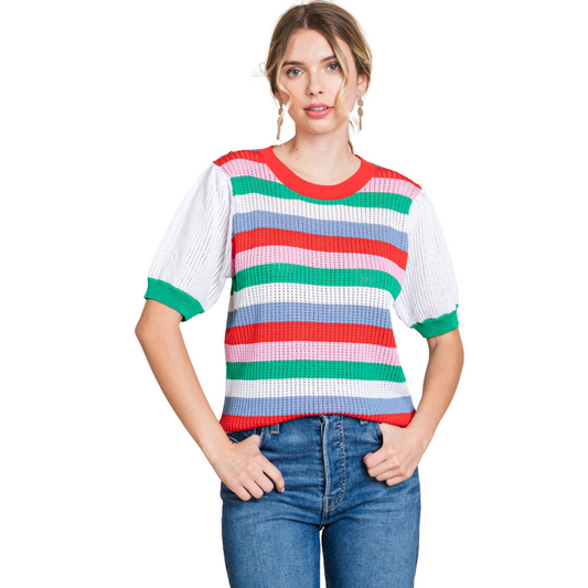 Expertly crafted with a lightweight sweater material, this striped knit top will be your go-to choice for a comfortable yet stylish look. The short sleeves make it perfect for warmer weather while the knit fabric adds texture and dimension. A must-have addition to any wardrobe.