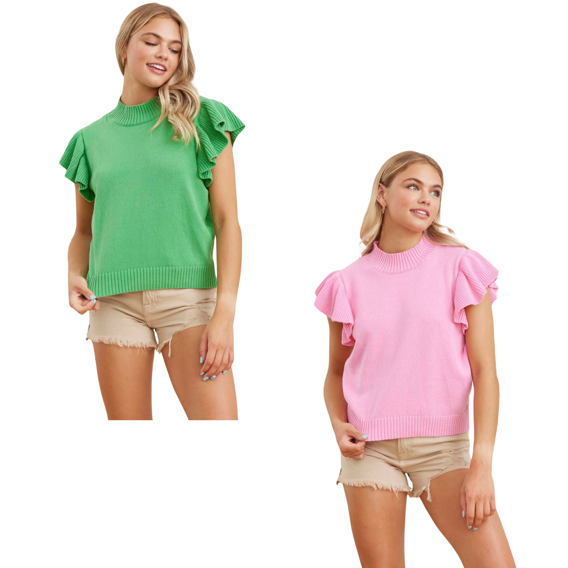 This solid knit top is the perfect addition to any wardrobe. With an adjustable crew neck, ruffled shoulder, and ribbed hemline, this top is both stylish and comfortable. The lightweight and non-sheer fabric make it a versatile choice for any occasion. Available in apple green or bubble gum.