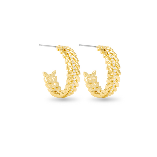 Enhance your everyday style with Kylie Polished Feather Hoop Earrings. These small gold hoops feature dazzling rhinestone accents, adding a touch of glamour to your look. From the trusted Amanda Blu brand, these earrings are a must-have for any fashion-forward individual. Elevate your accessory game today.