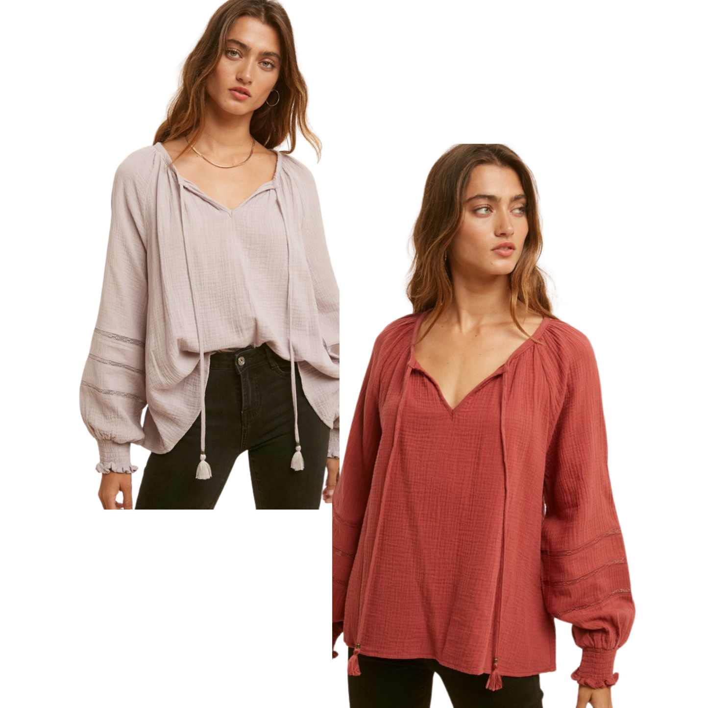 This Tie Neck Lace Accent Blouse is a perfect fit for any wardrobe. It features a dusty lavender and burnt Sienna color palette, making it an ideal choice for days where you want a subtle, stylish look. Its tie top and long sleeve cut offer a classic, generous fit with a lightweight material for comfortable movement.