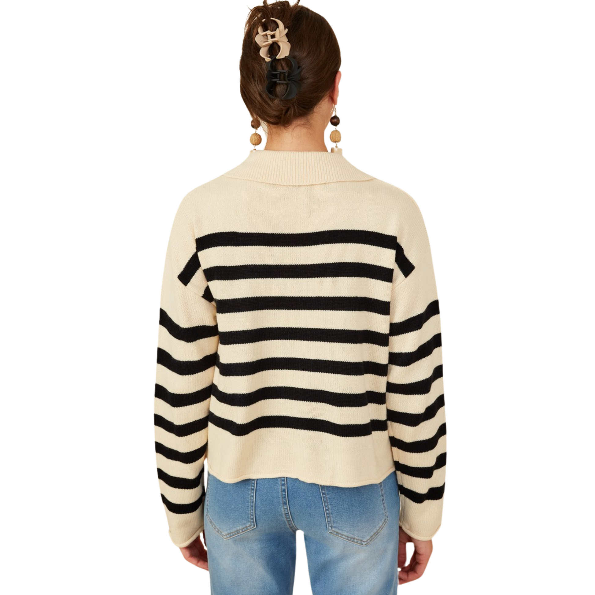 Featuring a classic collar neckline and lace up detailing, this Women's Striped Knit Sweater from Hayden Los Angeles adds a touch of sophistication to your wardrobe. The black and cream color combination and soft knit fabric make it versatile and comfortable for any occasion. Elevate your style with this must-have piece.