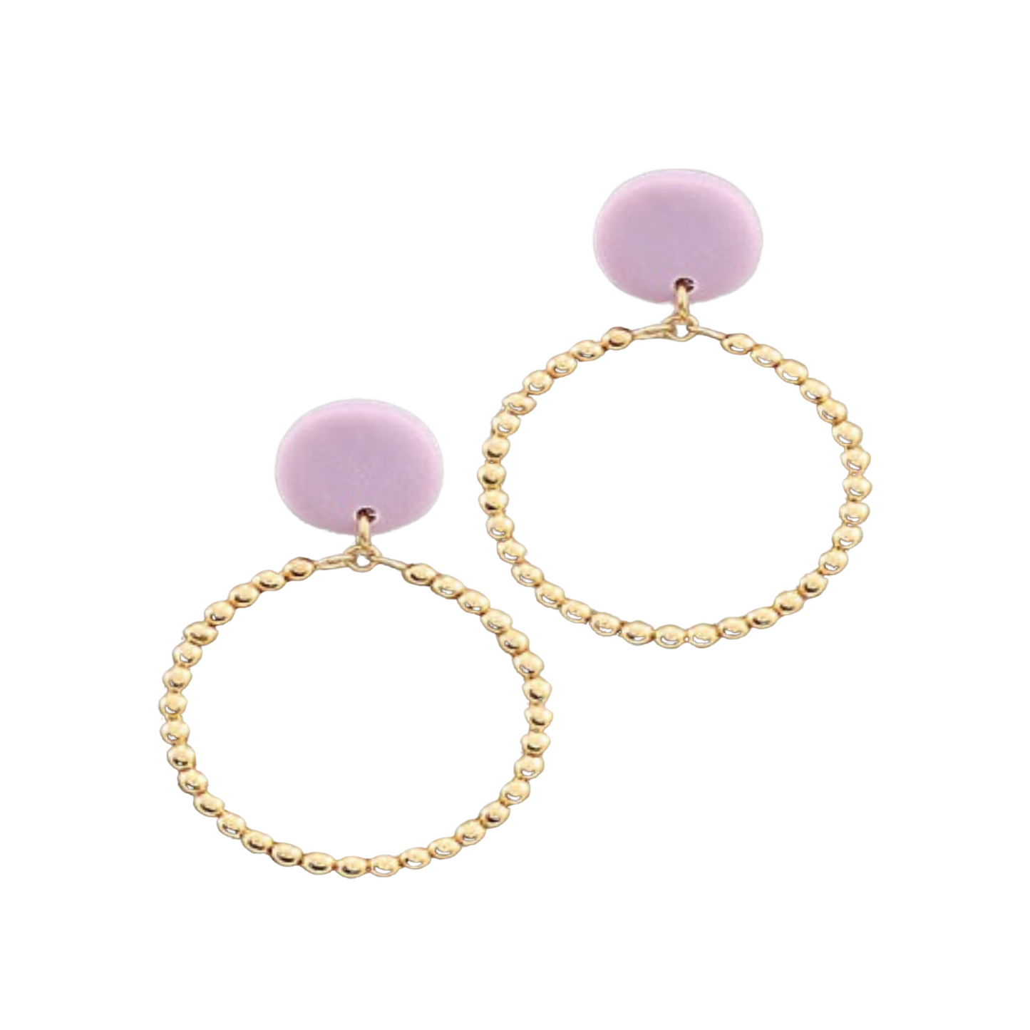 Make a bold statement with our Disk Hoop Earrings. Featuring a gold-colored hoop with three different colors — lavender, black, and white — these earrings will add the perfect pop of color to any outfit. The large, lightweight hoops provide an unforgettable look that’s sure to turn heads.