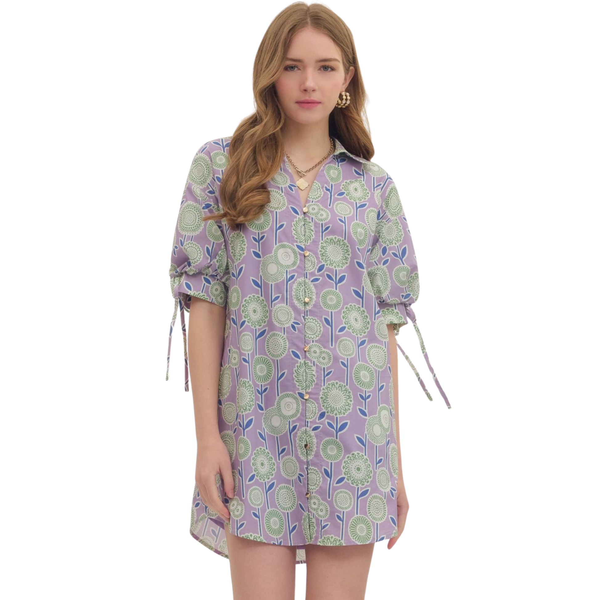 Elevate your warm-weather wardrobe with this charming Entro botanical print mini dress. Featuring a delicate lavender palette with intricate botanical detailing, this short-sleeve style offers effortless elegance for casual outings, brunch dates, or weekend adventures. The relaxed fit and mini length create a breezy, flattering silhouette perfect for spring and summer. Pair with sneakers for a laid-back vibe or dress up with sandals and accessories for an elevated look.