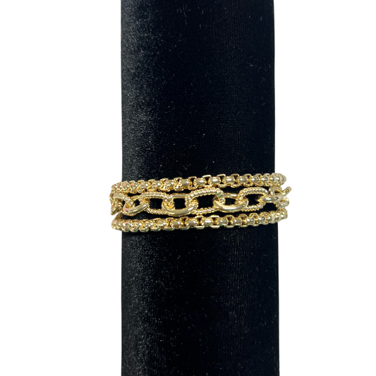 This Layered Bracelet Set features a dazzling gold design with a magnetic closure for easy wear. With 3 layered strands, this bracelet adds a touch of elegance to any outfit. The perfect accessory for a stylish and effortless look.