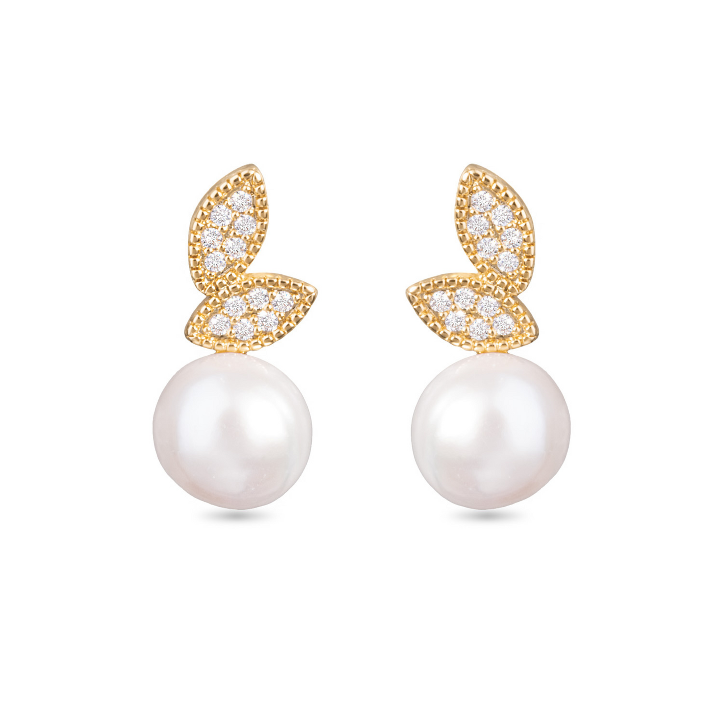 Add a touch of elegance to your outfit with our Leaf with Pearl Studs. Crafted in gold with rhinestone accents, these stunning earrings feature a delicate leaf design and a lustrous pearl to complete the look. Perfect for any occasion, these studs are sure to make a statement.