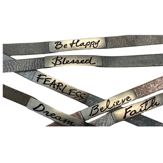 Express your positivity with Leather Word Bracelets! This stylish accessory is perfect for everyday wear, featuring silver-plated accents and a variety of colors. Show your enthusiasm and passion for life wherever you go!