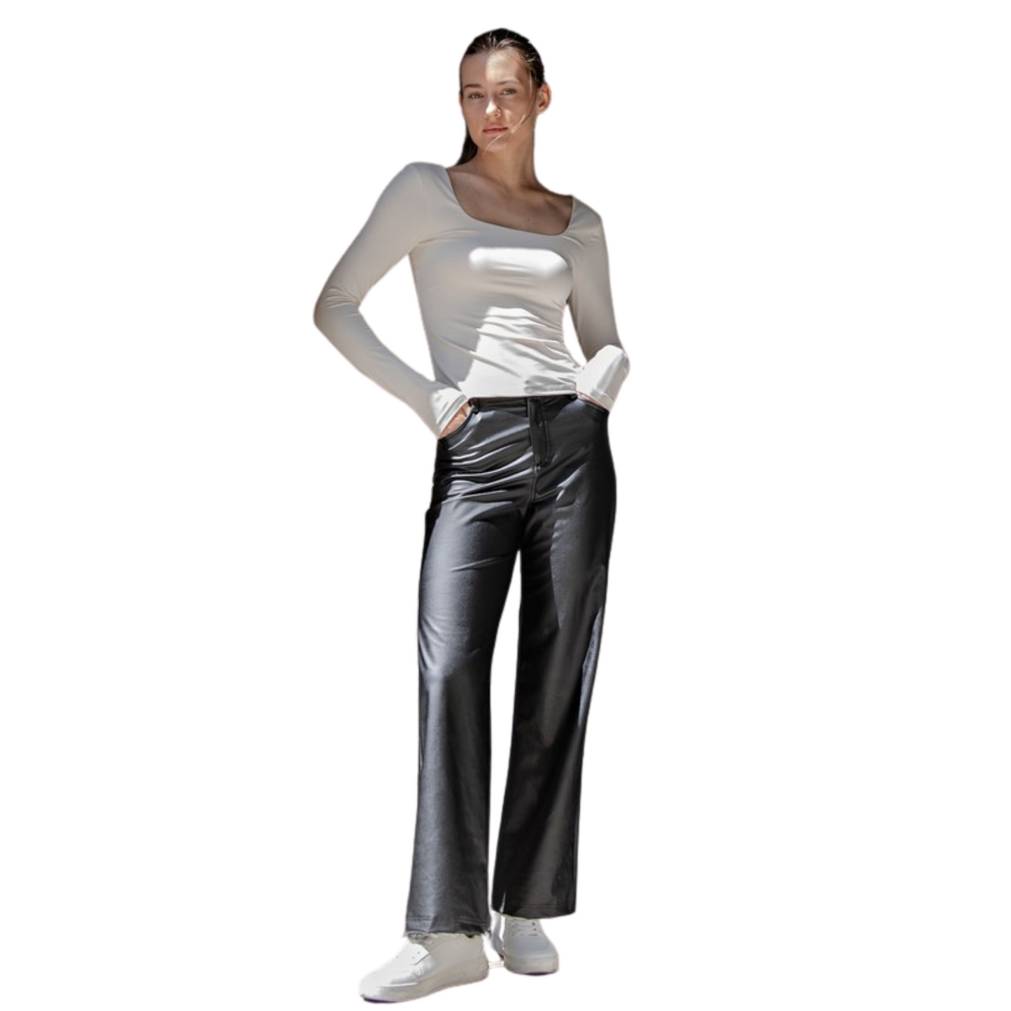 Crafted from a luxuriously soft PU leather fabric, these high-waisted pants provide a heavenly feel against your skin. The addition of leather-looking accents adds a touch of sophistication, while the wide leg design ensures both comfort and a chic silhouette. Featuring patch pockets for added functionality, these pants effortlessly blend casual and chic, making them a versatile wardrobe essential for any fashion-forward individual.