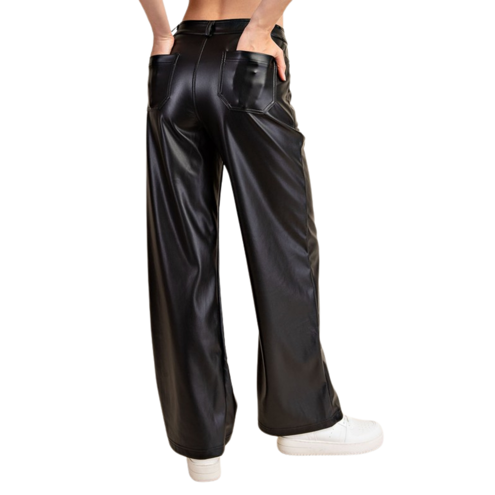 Crafted from a luxuriously soft PU leather fabric, these high-waisted pants provide a heavenly feel against your skin. The addition of leather-looking accents adds a touch of sophistication, while the wide leg design ensures both comfort and a chic silhouette. Featuring patch pockets for added functionality, these pants effortlessly blend casual and chic, making them a versatile wardrobe essential for any fashion-forward individual.