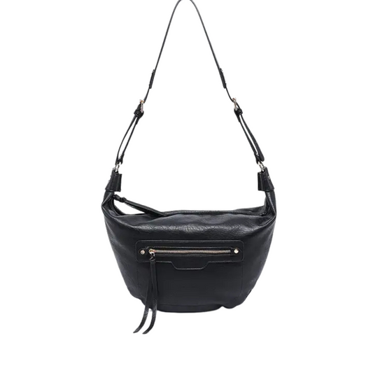 The Leigh Distressed Hobo Bag by Jen &amp; Co. combines timeless style with practical design. Crafted with a distressed finish, this black shoulder bag offers a relaxed yet sophisticated look. Its spacious interior and comfortable hobo silhouette make it ideal for everyday use, effortlessly complementing both casual and polished outfits. Durable and versatile, it’s a smart choice for those seeking a blend of fashion and function.