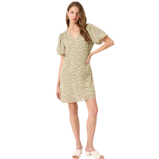 Look chic in this leopard print mini dress. Crafted from Chiffon Woven fabric, this dress features a V-neckline and short balloon sleeves. Fully lined body and mini length provide a fashionable and comfortable wear. Sage color gives an elegant touch to the classic leopard print.
