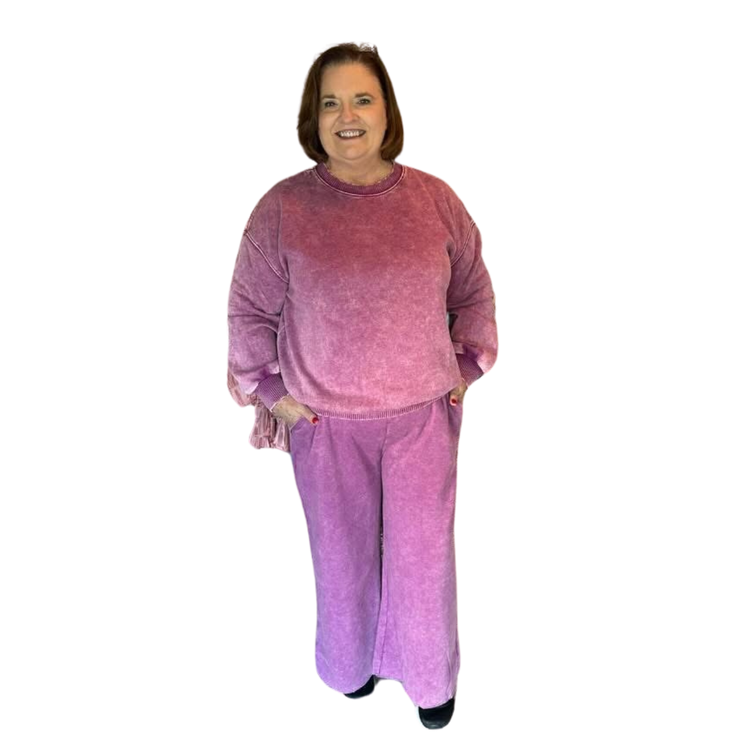 Acid washed fleece top and bottom set in light plum