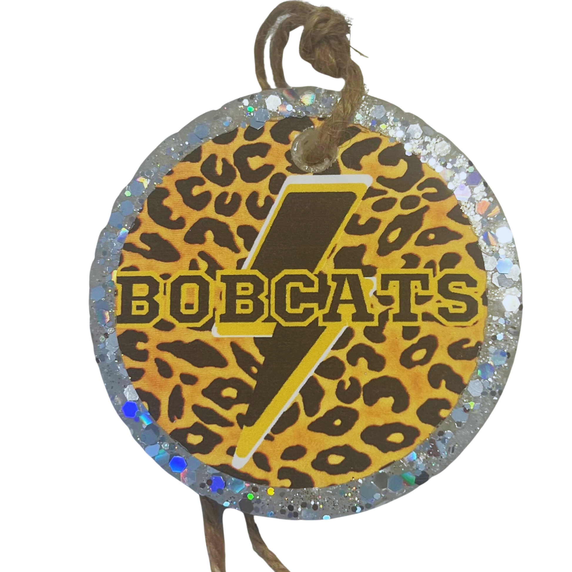 Bobcat themed car freshie in leopard print with Lightning bolt. Available in Volcano and Sweet Grace Scent.