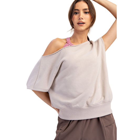 French Terry off the shoulder top in light taupe