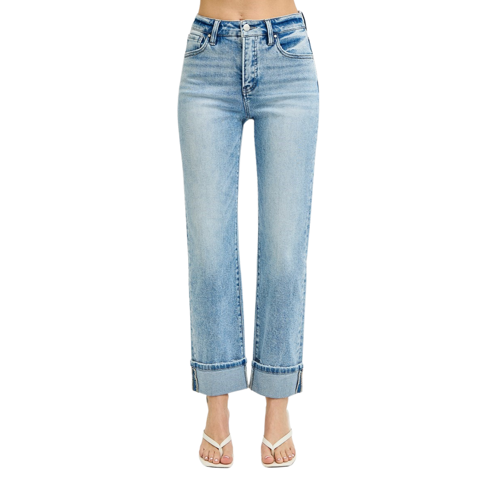 These High Rise Cropped Jeans from Risen offer a light wash and roll-up hem for a trendy look. The tummy control feature provides a flattering silhouette, making you feel comfortable and confident. Elevate your style with these must-have jeans.