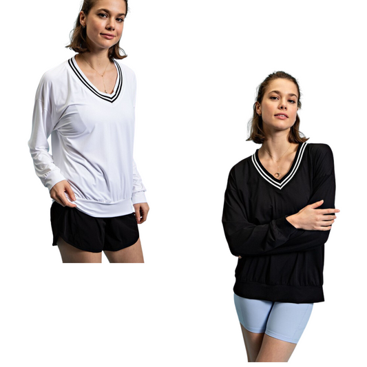 This plus size V-Neck Long Sleeve Sweatshirt is perfect for layering, with Quick Dry material to keep you comfortable and dry during any activity. It features a flattering V neck and is available in off white or black.