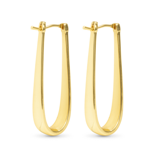 Introducing the Lily Polished Elongated Hoop Earrings by Amanda Blu. Made with polished gold, these elongated hoops bring a touch of elegance to any outfit. Add a classic and timeless piece to your jewelry collection with these stunning earrings.