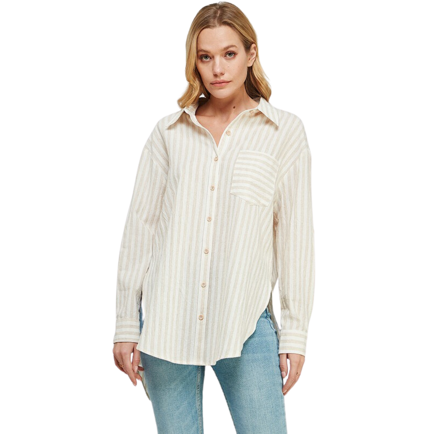 The Breezy Linen Boyfriend Shirt is the perfect mix of style and ease. Made from the best quality linen, this classic striped shirt is a stylish option for any wardrobe. The button-up design, collared neck, and contrast stripes make it a versatile piece for any occasion.