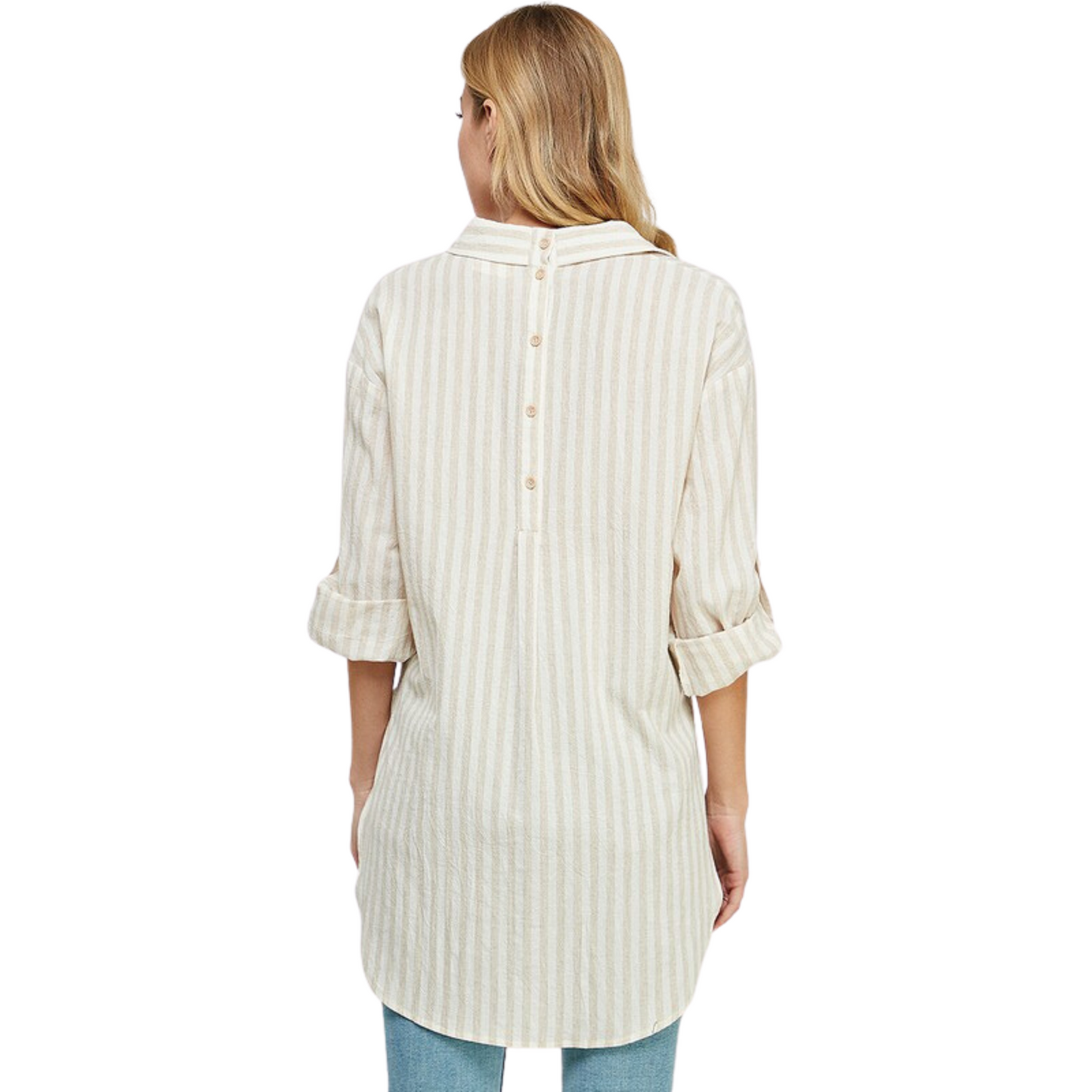 Elevate your wardrobe with our Breezy Linen Boyfriend Top. Crafted from a lightweight linen blend, this collared button up features a classic cream and beige stripe and long sleeve. It's the perfect piece for any occasion.