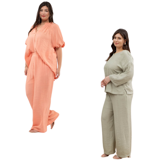 Introducing our Lightweight Top and Bottom Set, featuring a high rise waist and wide leg design for a comfortable fit. Designed with an elasticized waist and convenient side pockets. Perfect for any occasion, available in plus size and two versatile colors. Optimal style and functionality.