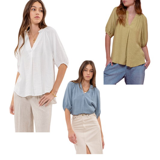 Upgrade your wardrobe with our Scrunched Elastic V-Neck Top. Featuring a flattering V-neck and scrunch sleeve details, this top is perfect for any occasion. The elastic sleeves provide a comfortable fit, while the unlined design adds a touch of modernity. Available in three beautiful colors: white, kiwi, and light teal.