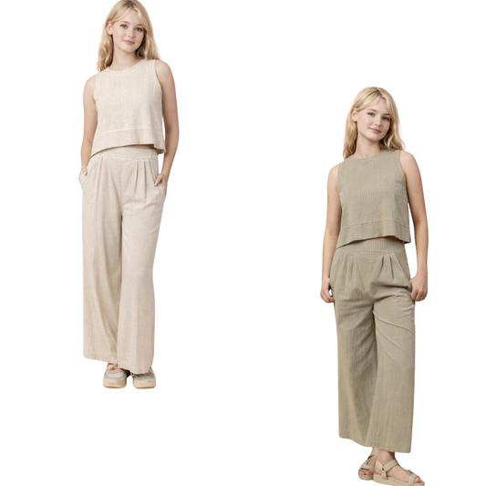 Effortless comfort meets timeless style with this woven linen set from Very J. Choose between soft oatmeal or sage striped patterns. The sleeveless top pairs perfectly with matching pants for a coordinated, breathable look ideal for warm weather. Lightweight linen keeps you cool while the relaxed fit ensures all-day wearability.