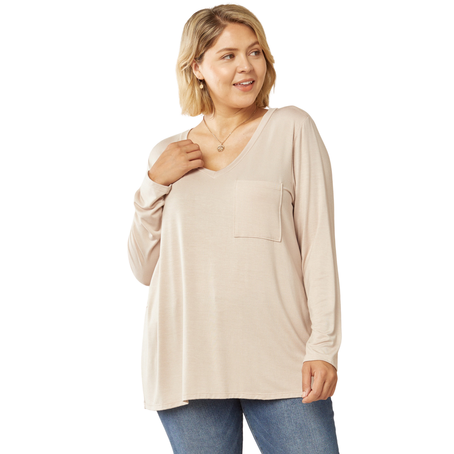 Plus size v-neck long sleeve tee in oatmeal