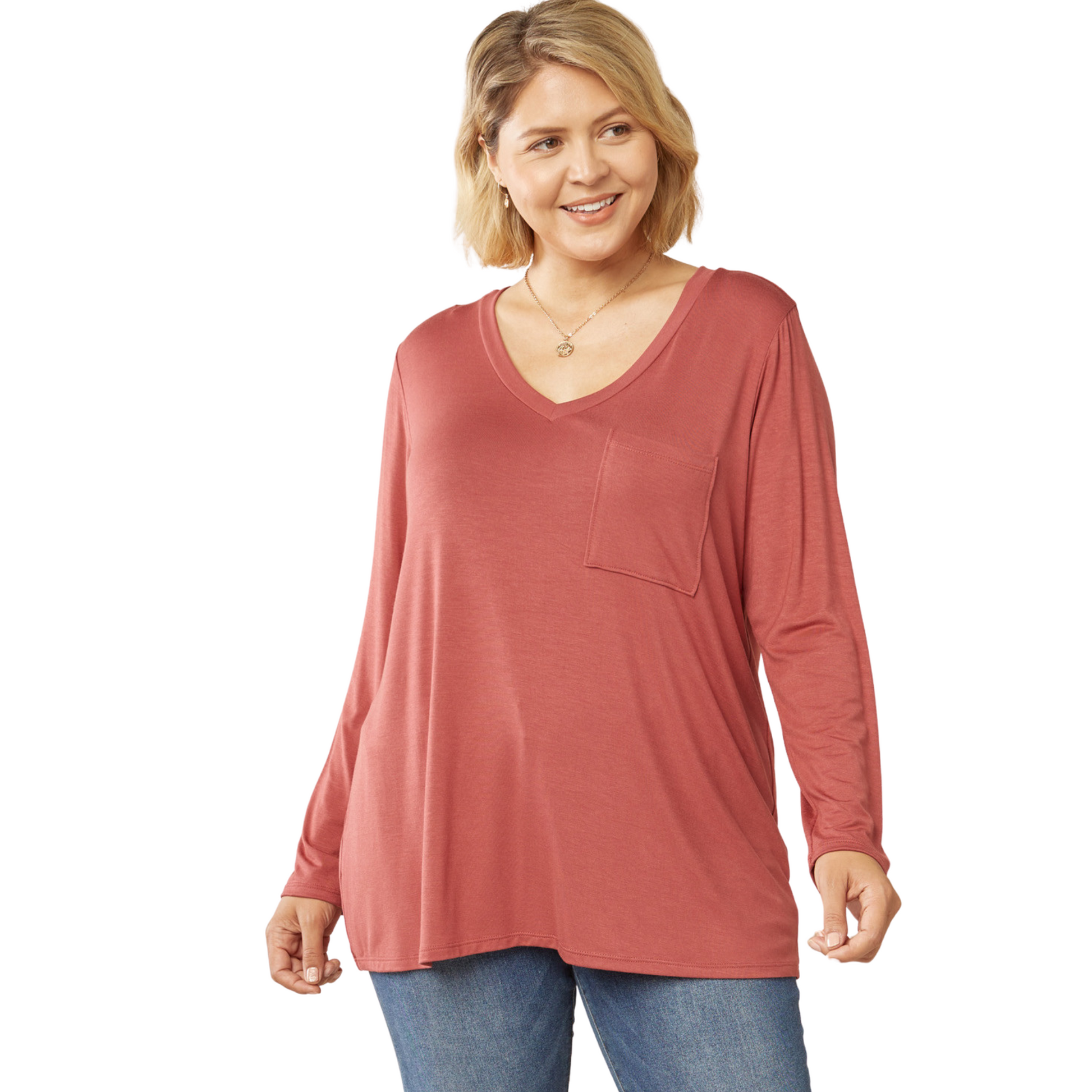 Plus size v-neck long sleeve tee in marsala