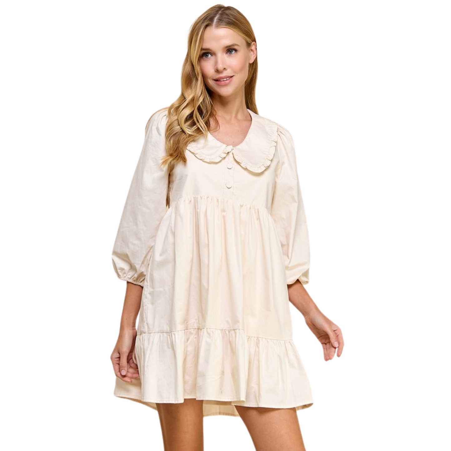 This cream-colored mini dress from T.C.E.C. Brand features a collared neckline and long sleeves. The button-down design adds an elegant touch to this versatile dress, perfect for any occasion. Made with high quality materials, this dress is both stylish and comfortable.