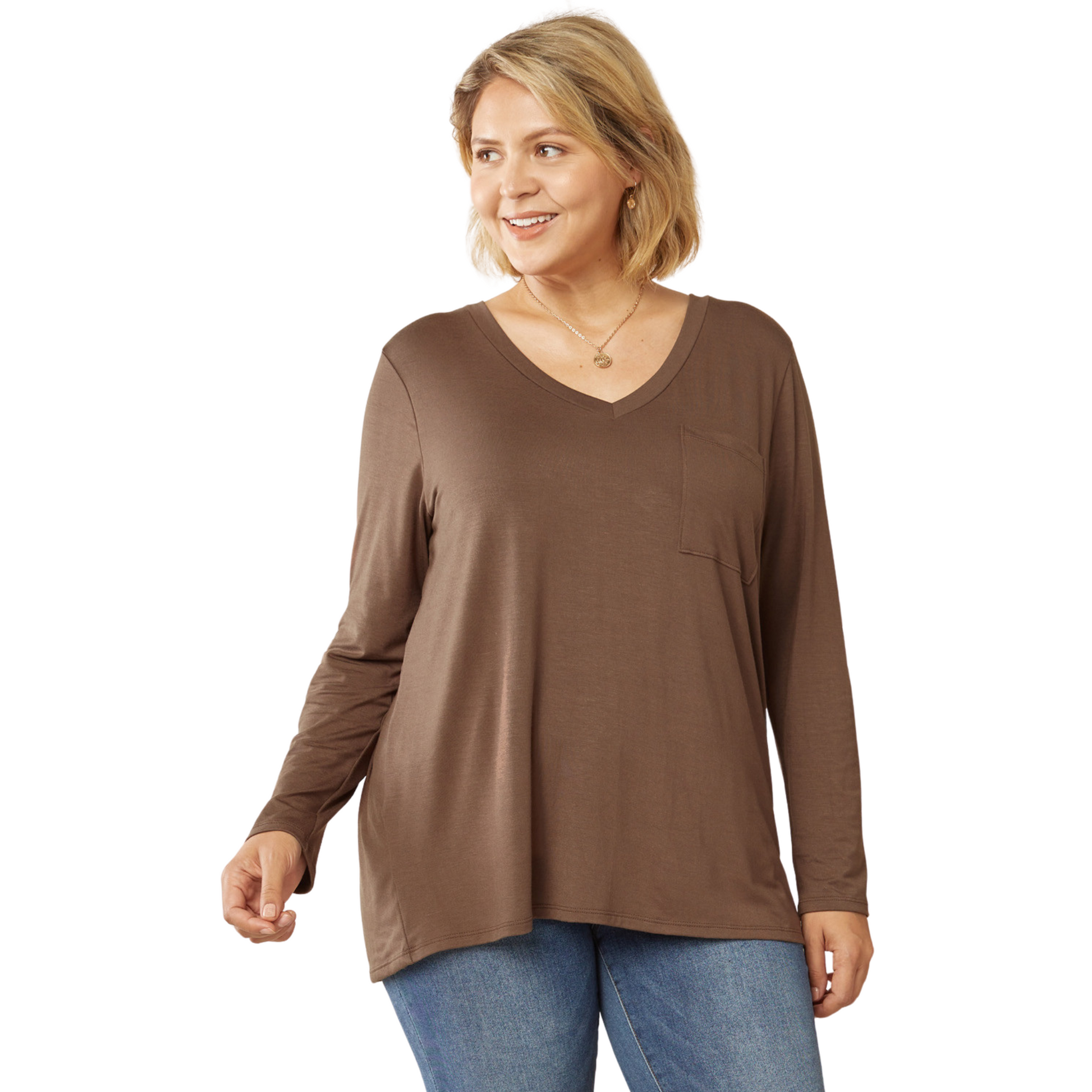 Plus size v-neck long sleeve tee in coffee