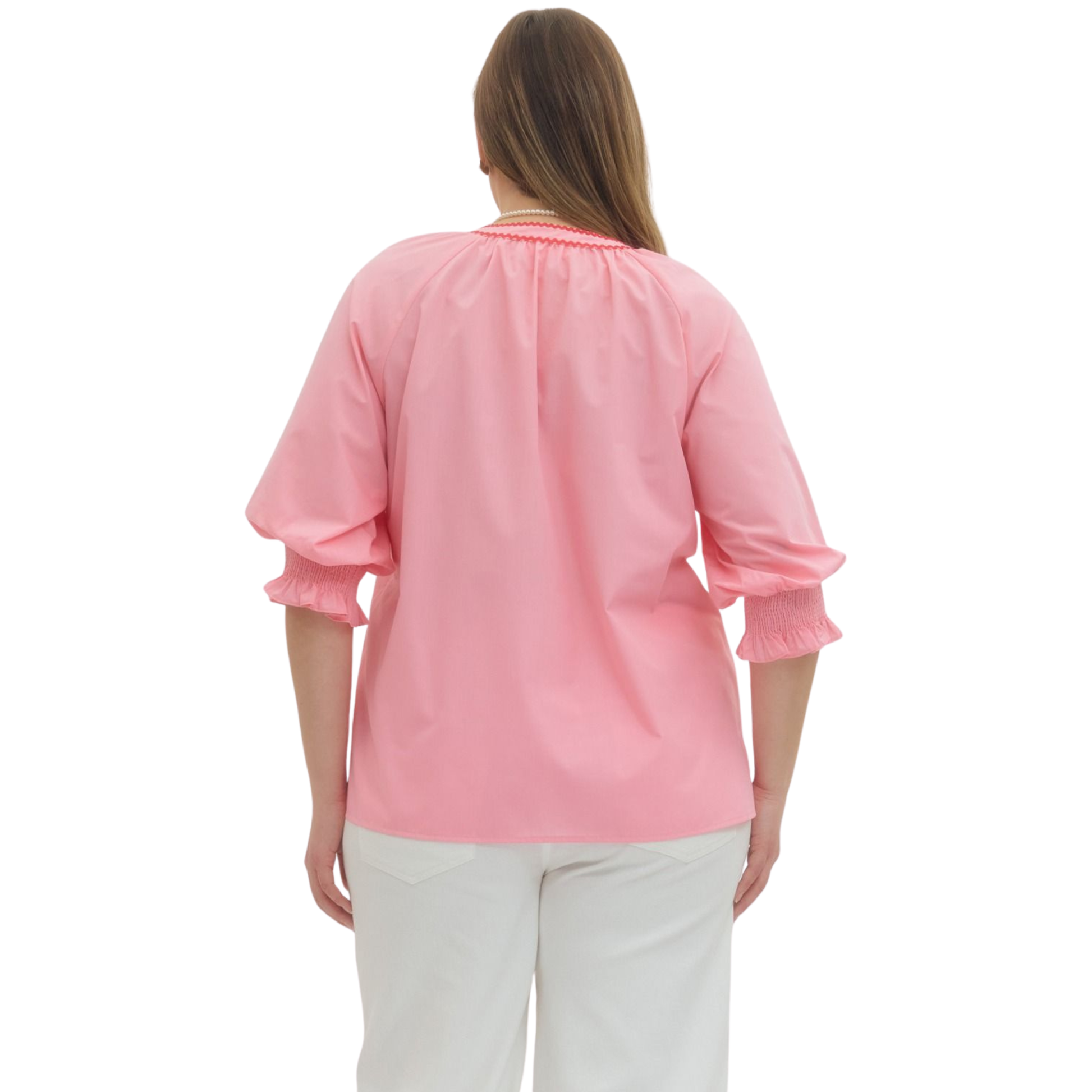 Elevate your wardrobe with this stunning Long Sleeve Embroidered Top from Entro. Designed for the modern, confident woman, this plus-size piece features a flattering V-neck neckline and soft baby pink hue that complements all skin tones. Delicate embroidered accents add texture and visual interest, creating a sophisticated look perfect for casual outings or dressed-up occasions. The long sleeves provide versatile styling options year-round. 