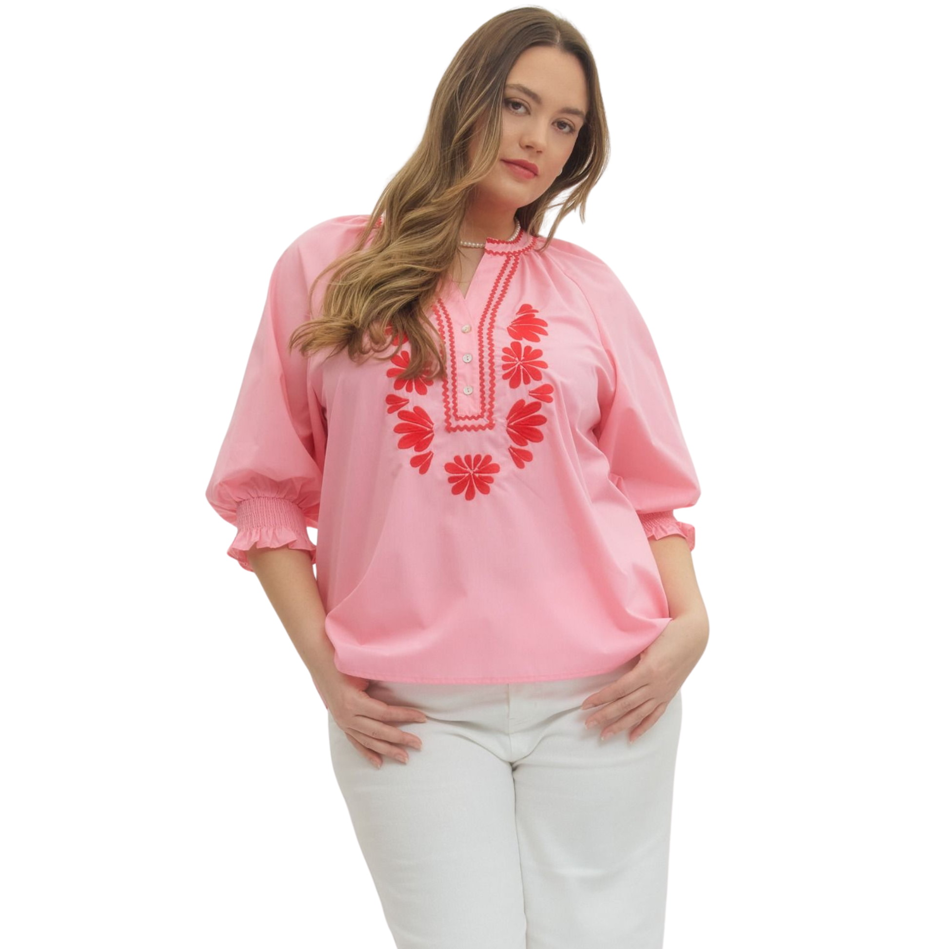 Elevate your wardrobe with this stunning Long Sleeve Embroidered Top from Entro. Designed for the modern, confident woman, this plus-size piece features a flattering V-neck neckline and soft baby pink hue that complements all skin tones. Delicate embroidered accents add texture and visual interest, creating a sophisticated look perfect for casual outings or dressed-up occasions. The long sleeves provide versatile styling options year-round. 