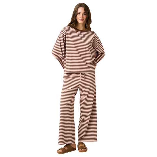 Embrace effortless comfort with this charming Mittoshop lounge set. The vintage pink striped long sleeve top pairs perfectly with matching pants for a coordinated, relaxed look. Ideal for lounging at home or casual outings, this two-piece set combines soft fabric with timeless style. The classic stripe pattern and gentle color palette make it a versatile addition to your everyday wardrobe.