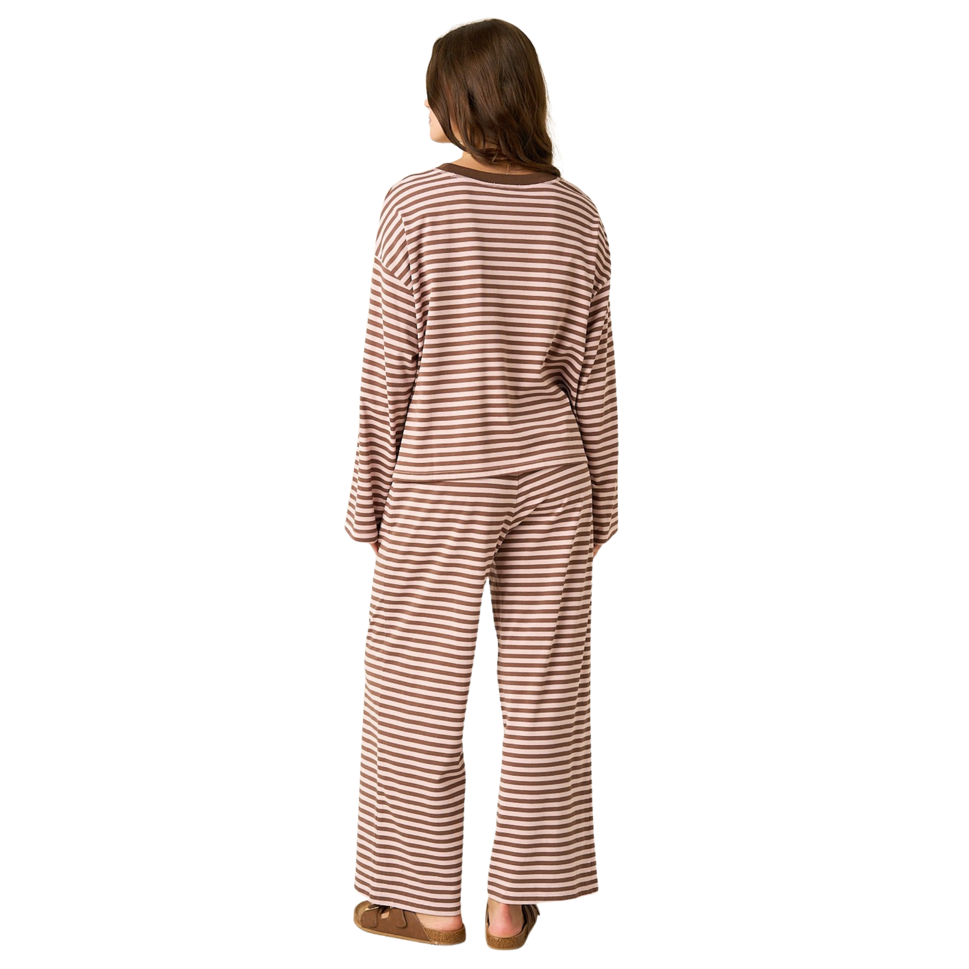 Embrace effortless comfort with this charming Mittoshop lounge set. The vintage pink striped long sleeve top pairs perfectly with matching pants for a coordinated, relaxed look. Ideal for lounging at home or casual outings, this two-piece set combines soft fabric with timeless style. The classic stripe pattern and gentle color palette make it a versatile addition to your everyday wardrobe.