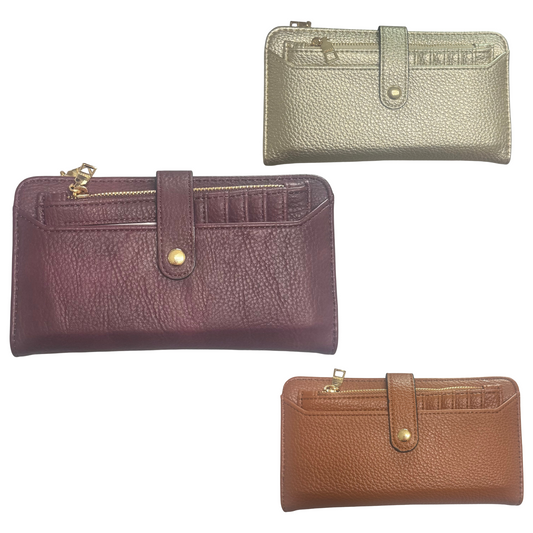 The Macy Snap Wallet by Jen &amp; Co. offers ample space for your essentials while maintaining a sleek profile. Available in sophisticated gold brown and vibrant purple, this large wallet combines style with practicality. Its secure snap closure ensures your belongings stay safe, making it an ideal choice for those who value both function and fashion.