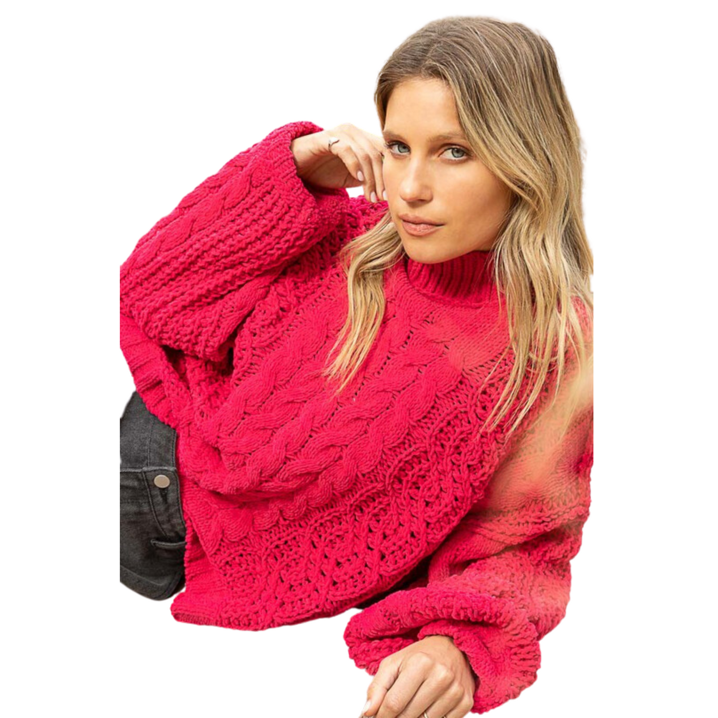 Mock Neck Cable Knit Sweater in Magenta