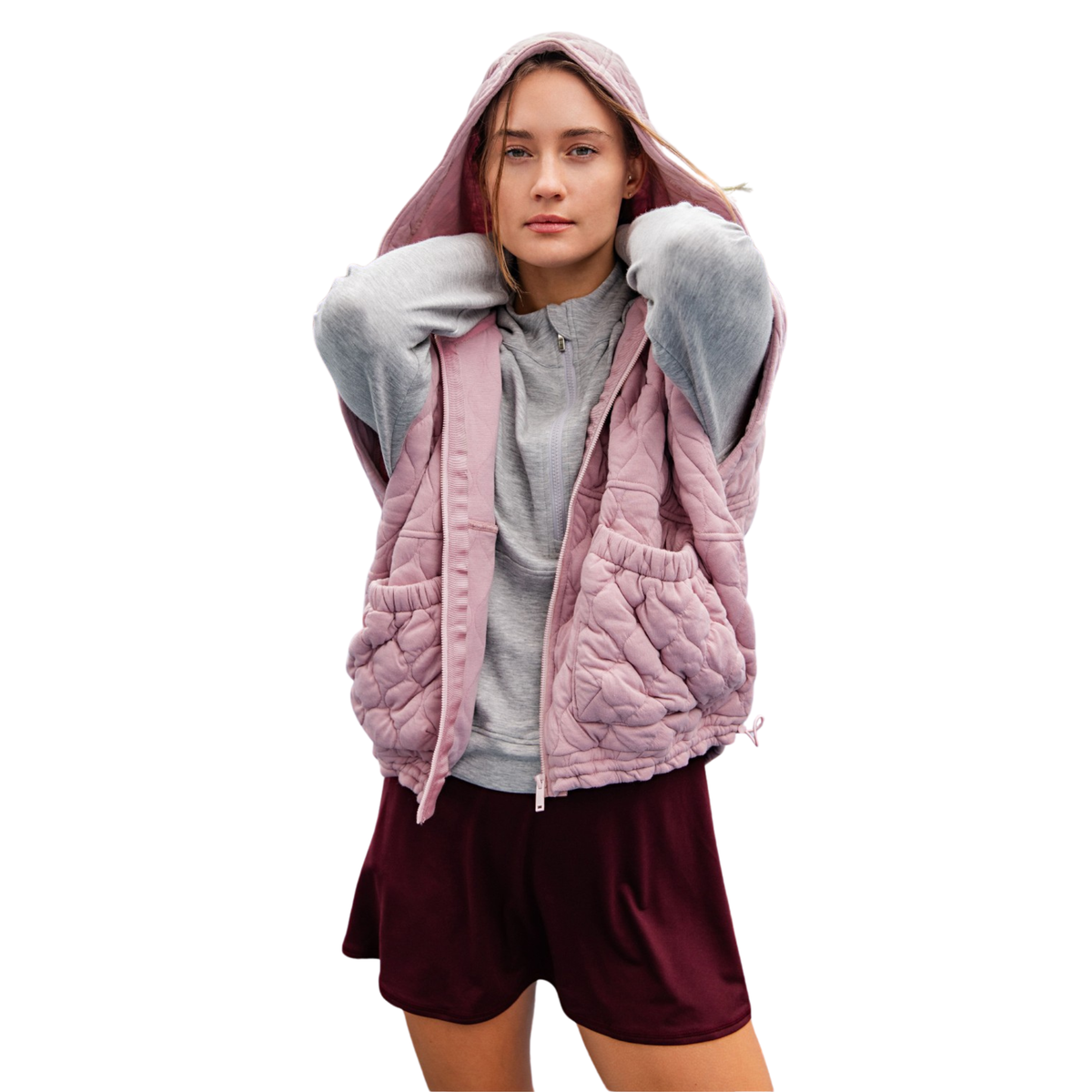 Quilted Hoodie Vest in mauve