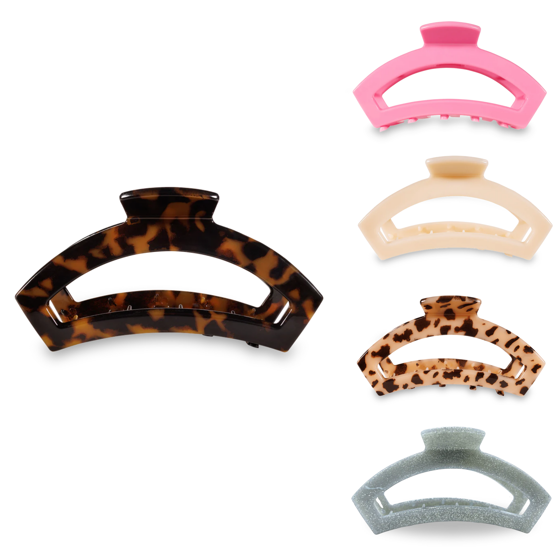 Our Open Hair Clip offers the same incredible advantages as our Classic Claw Clip, but with a unique open-style design that allows your hair to show through.  Say goodbye to breakable clips! We have perfected the hair tie and now have re-invented the hair clip. Each clip has bendable teeth that take back to shape, they work on all hair types and have a strong hold. Hold your hair and enhance your style with the new TELETIES Clip! 