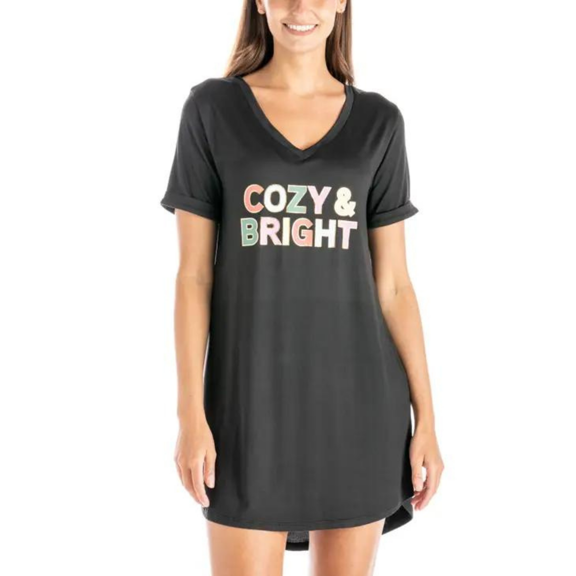 Black Christmas sleep shirt with "Cozy & Bright" graphic