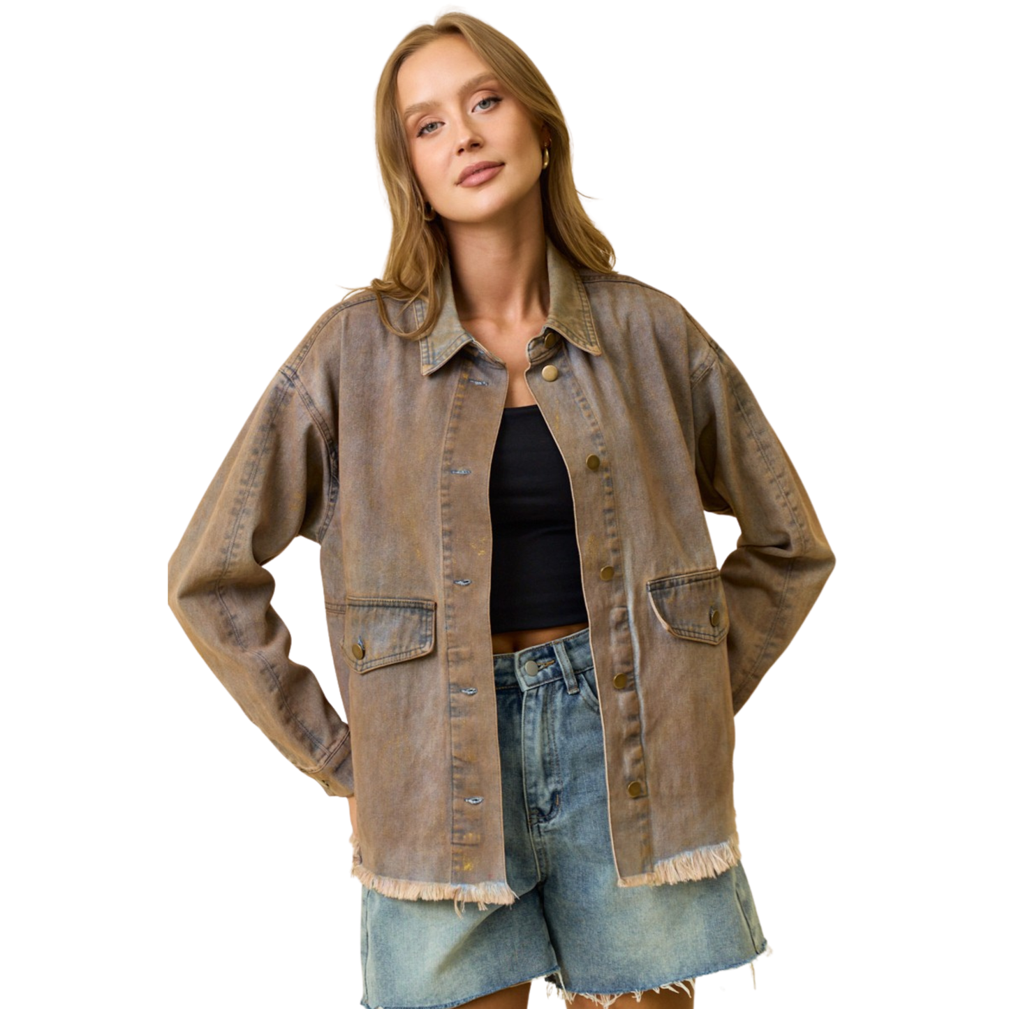 The Doe & Rae Metallic Chintz Denim Jacket combines classic denim construction with contemporary edge. Crafted in dark grey with an ice wash finish, this button-up piece features subtle metallic threading that catches light with every movement. The structured fit and timeless silhouette make it versatile enough for layering over casual basics or dressing up your favorite tee. A wardrobe essential that bridges vintage charm with modern sophistication.
