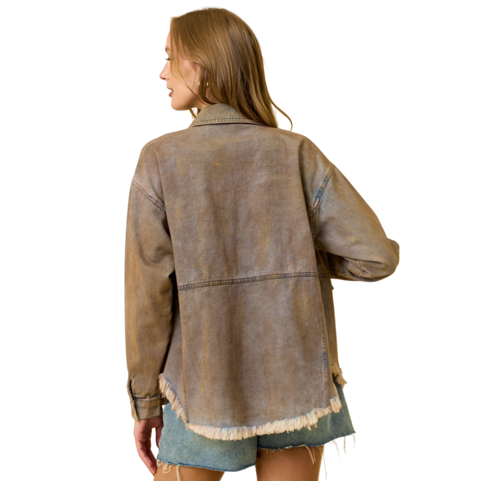 The Doe & Rae Metallic Chintz Denim Jacket combines classic denim construction with contemporary edge. Crafted in dark grey with an ice wash finish, this button-up piece features subtle metallic threading that catches light with every movement. The structured fit and timeless silhouette make it versatile enough for layering over casual basics or dressing up your favorite tee. A wardrobe essential that bridges vintage charm with modern sophistication.