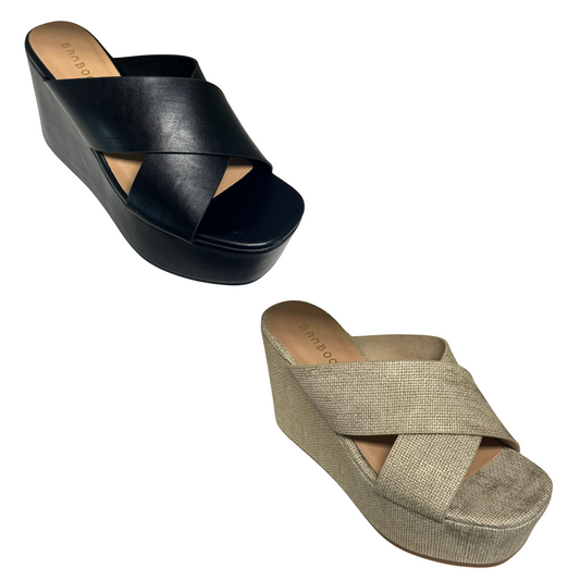 Experience luxury and style with Mezcal-01, available in gold or black. Featuring a criss cross design and comfortable wedge, these sandals are the perfect addition to any outfit. Elevate your fashion game with these sleek and chic sandals.