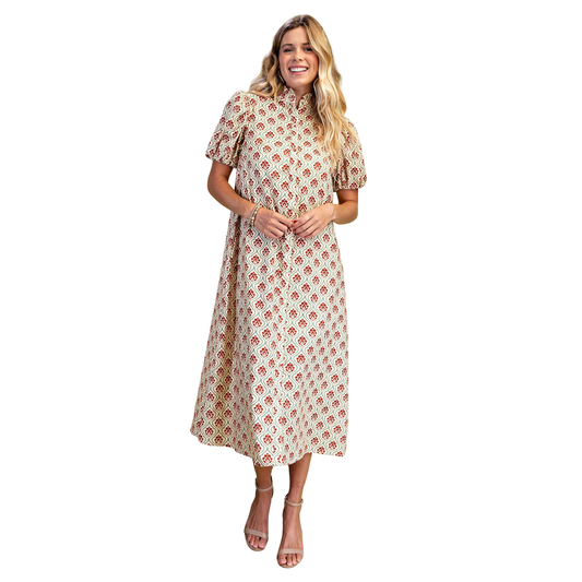 Elevate your wardrobe with this vibrant Printed Button Down Midi Dress by GiGio. Featuring eye-catching green and bright colors, this piece combines classic style with playful details. The ruffled collar adds feminine charm, while the button-down front offers easy styling versatility. Perfect for casual outings or dressed-up occasions, this midi-length dress flatters all figures and transitions seamlessly from day to night.