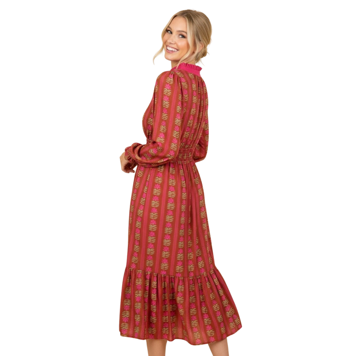Elevate your wardrobe with this stunning Smocked Midi Dress by Hemish. Featuring a flattering V-neckline and long sleeves, this piece combines comfort with sophisticated style. The intricate smocking detail adds texture and visual interest, while the printed design brings a vibrant pop of personality. Perfect for layering or wearing solo, this versatile midi length dress transitions seamlessly from day to evening. Crafted with attention to detail, the Hemish brand delivers quality you can feel. 