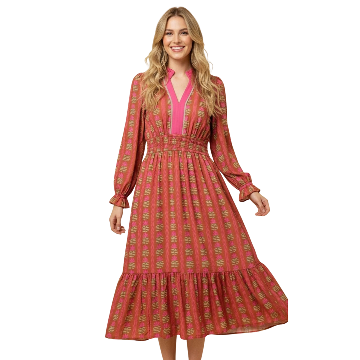 Elevate your wardrobe with this stunning Smocked Midi Dress by Hemish. Featuring a flattering V-neckline and long sleeves, this piece combines comfort with sophisticated style. The intricate smocking detail adds texture and visual interest, while the printed design brings a vibrant pop of personality. Perfect for layering or wearing solo, this versatile midi length dress transitions seamlessly from day to evening. Crafted with attention to detail, the Hemish brand delivers quality you can feel. 
