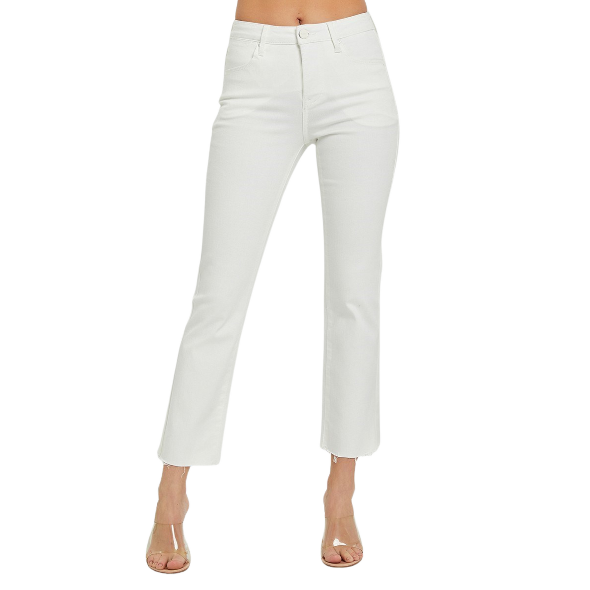 These white Mid Rise Straight Pants are the perfect addition to your wardrobe. The cropped cut and straight fit offer a stylish and flattering look, while the raw hem adds a touch of edge. Available in both regular and plus sizes for all body types.