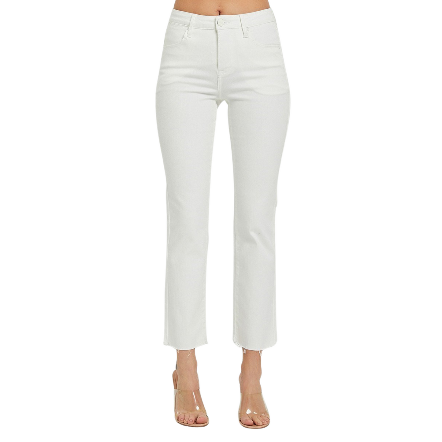 These white Mid Rise Straight Pants are the perfect addition to your wardrobe. The cropped cut and straight fit offer a stylish and flattering look, while the raw hem adds a touch of edge. Available in both regular and plus sizes for all body types.