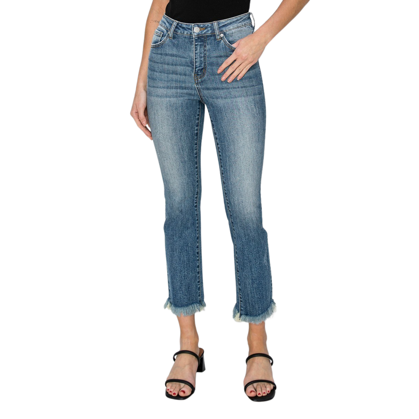 These Mid Rise Cropped Jeans by Risen offer a medium wash and raw hem for a trendy look. With a comfortable mid rise fit, these jeans are perfect for any occasion, making them a versatile addition to your wardrobe. Show off your style with these fashionable cropped jeans.