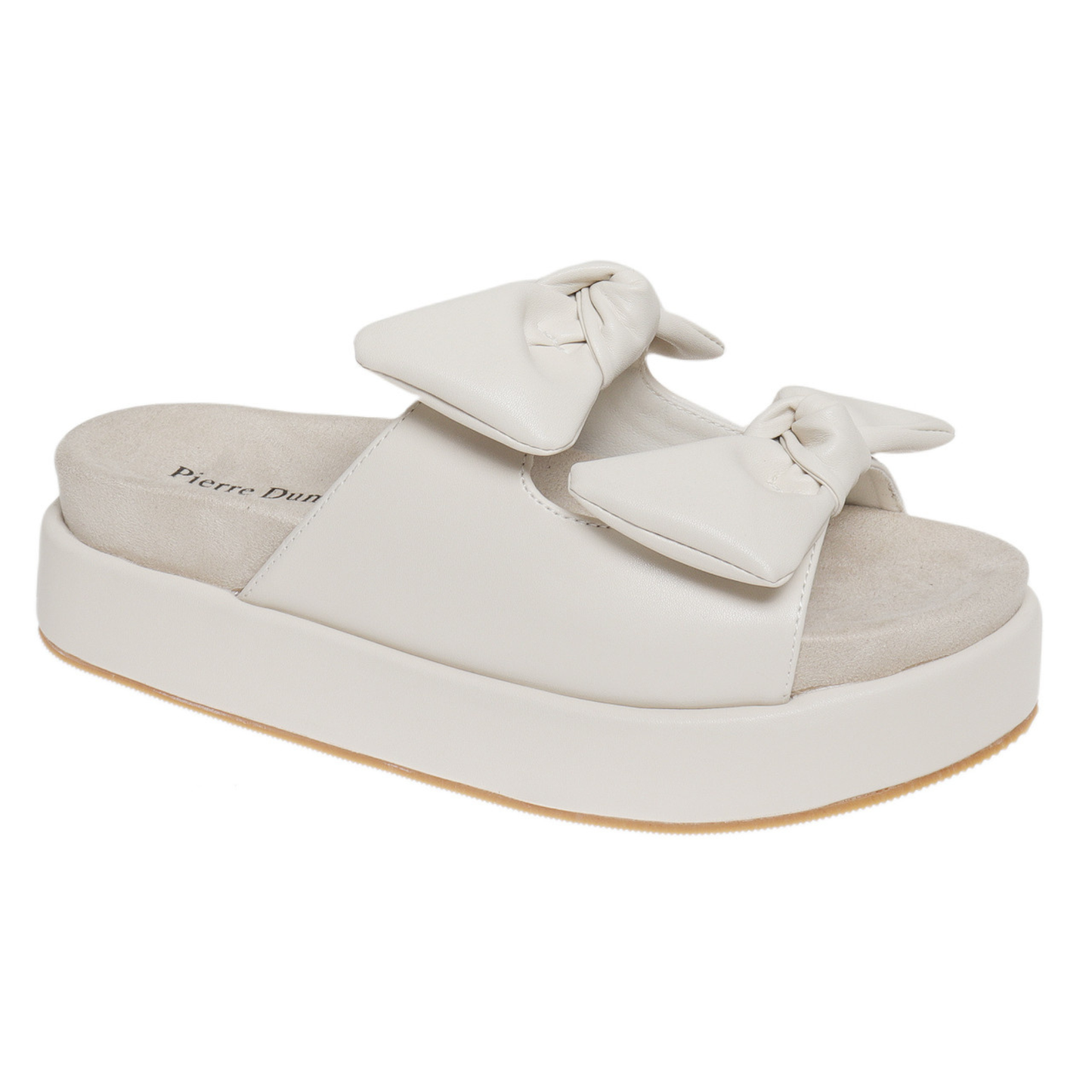 Elevate your warm-weather style with the Pierre Dumas Mind-1, an ivory open-toe wedge sandal designed for effortless sophistication. Delicate bow accents add a charming feminine touch to this versatile essential. The wedge heel provides comfortable all-day support while elongating your silhouette, making it perfect for casual outings, brunch dates, or weekend adventures. Crafted with quality construction, this timeless piece transitions seamlessly from day to night.